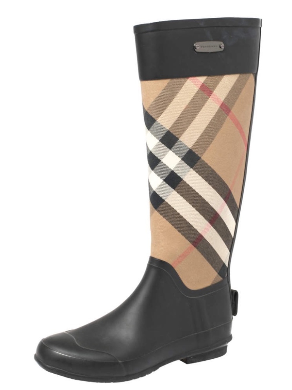 Authentic Burberry Women’s Clemence Check Canvas Rain Boots – Size 8